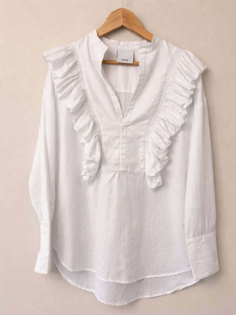 Acler Ivory Ruffle Blouse Cotton V Neck Long Sleeve Size 6 - Picture 3 of 9